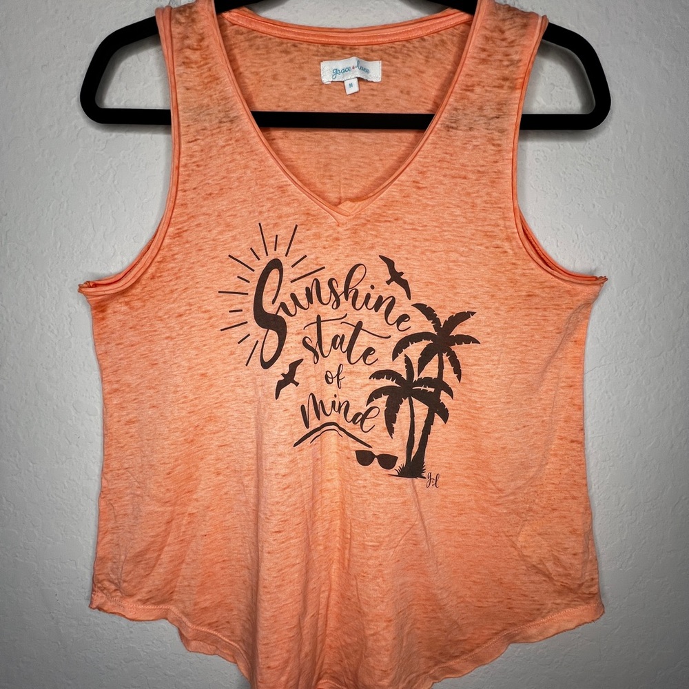 Grace &‎ Lace Sunshine State of Mind Tank Top Medium Orange Graphic V-Neck